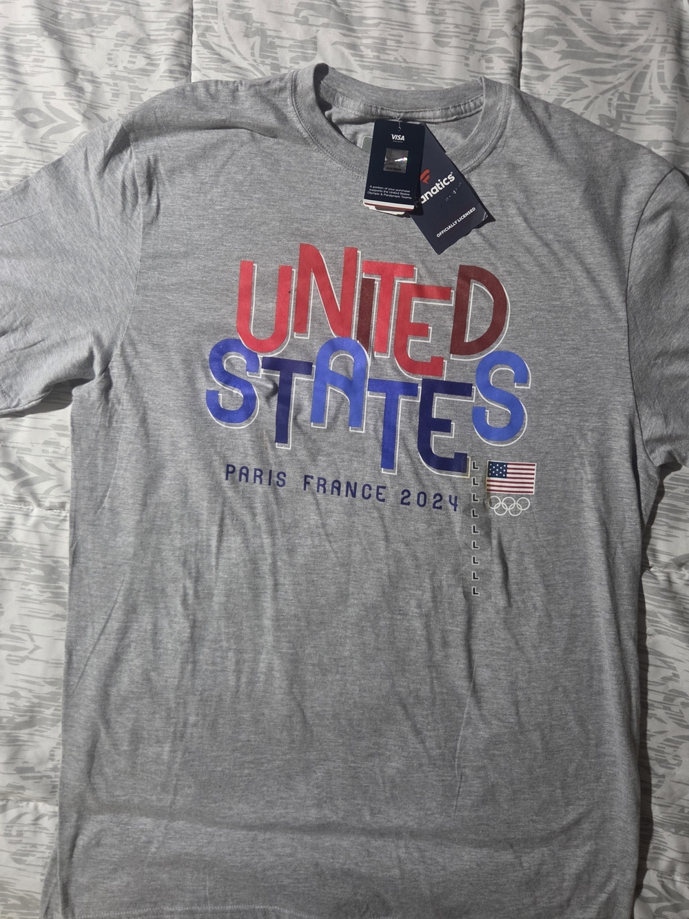 Fanatics Gray 'United States' Paris 2024 Graphic Tee - Red & Blue Lettering